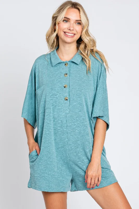 Teal Heathered Front Button Romper Wide-leg black jumpsuit, Elegant, Comfortable, Street style Teal Heathered Front Button Romper Wide-leg black jumpsuit, Elegant, Comfortable, Street style